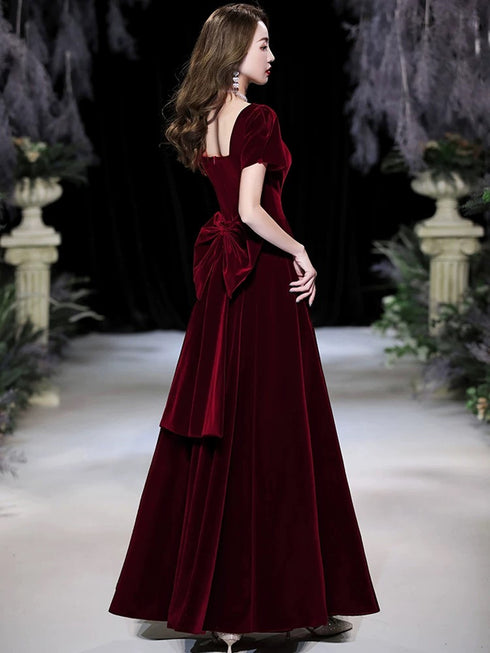 Wine Red Velvet Short Sleeves Party Dress, Wine Red A-line Prom Dress
