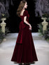 Wine Red Velvet Short Sleeves Party Dress, Wine Red A-line Prom Dress