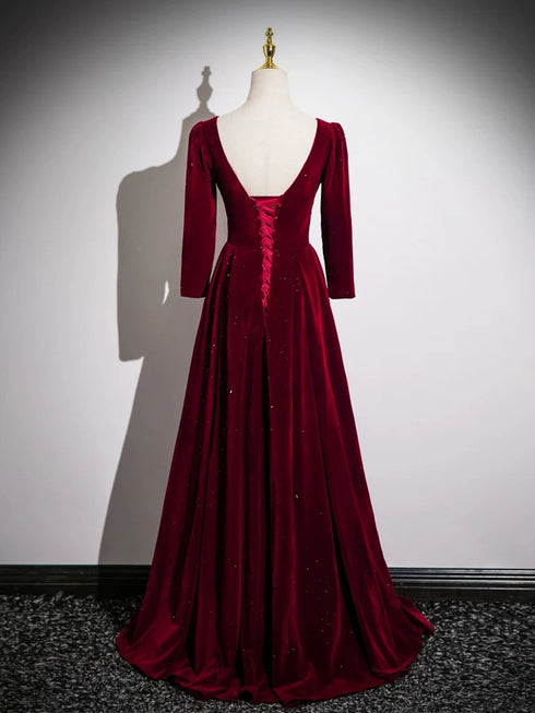 Wine Red Velvet Long Sleeves A-line Floor Length Prom Dress, Wine Red Party Dress
