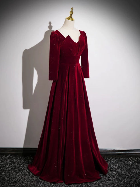 Wine Red Velvet Long Sleeves A-line Floor Length Prom Dress, Wine Red Party Dress