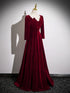 Wine Red Velvet Long Sleeves A-line Floor Length Prom Dress, Wine Red Party Dress