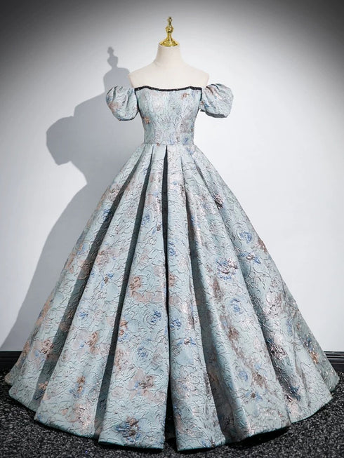 Chic Floral Satin Off Shoulder A-line Prom Dress, Long Floral Party Dress