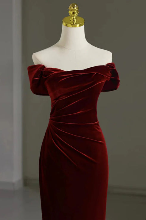 Wine Red Mermaid Off Shoulder Long Formal Dress, Wine Red Velvet Prom Dress