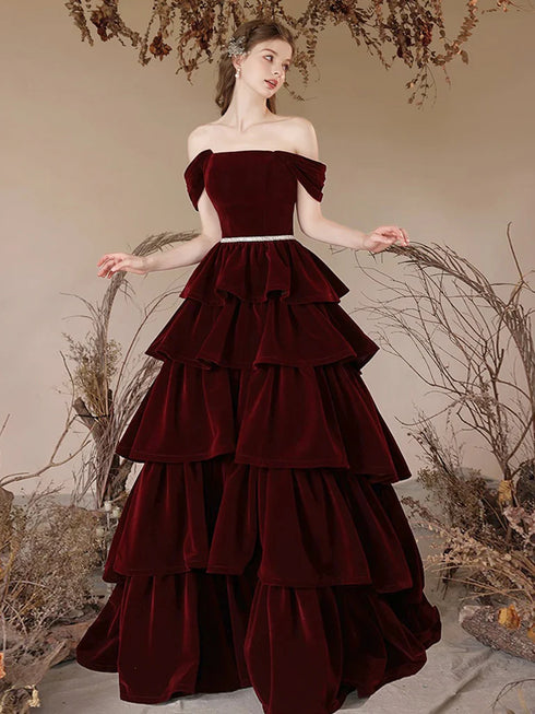 Lovely Wine Red Velvet Off Shoulder Party Dress, Wine Red Velvet Layers Prom Dress