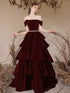 Lovely Wine Red Velvet Off Shoulder Party Dress, Wine Red Velvet Layers Prom Dress