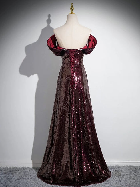 A-line Maroon Sequins Beaded Long Party Dress, Maroon Simple Prom Dress