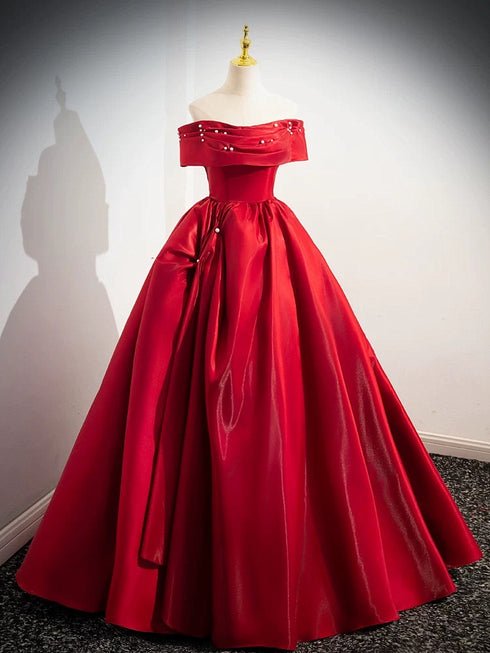Red Satin Off Shoulder Lace-up Long Formal Dress, Red Satin Prom Dress