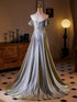 A-line Sliver Grey Off Shoulder Long Prom Dress, Sliver Grey Party Dress with Leg Slit