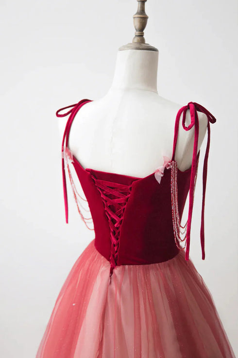 A-line Tulle Pink Gradient Straps Long Party Dress, Pink Tulle Floor Length Prom Dress