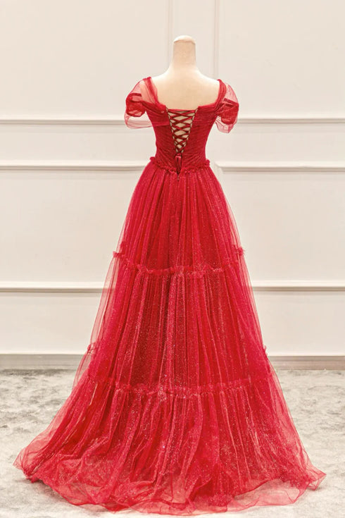 Red A-line Shiny Tulle Floor Length Party Dress, Red Off Shoulder Prom Dress
