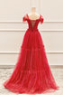 Red A-line Shiny Tulle Floor Length Party Dress, Red Off Shoulder Prom Dress