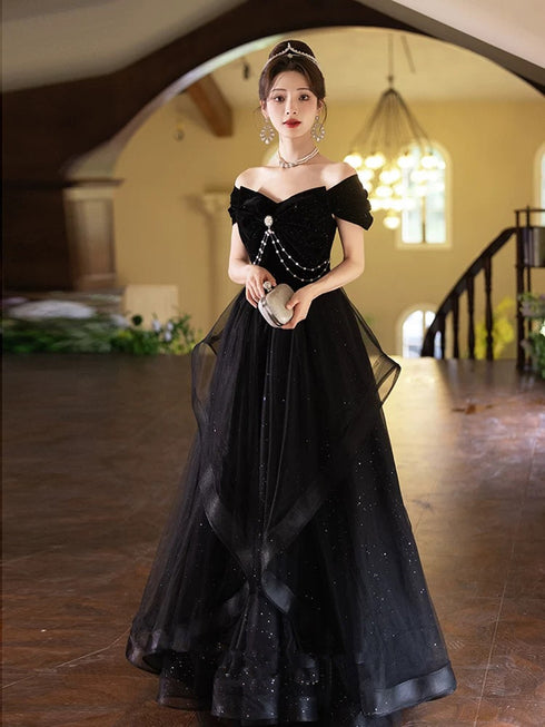 Black Sweetheart Tulle and Velvet Long Party Dress,Black Short Sleeves Prom Dress