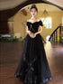 Black Sweetheart Tulle and Velvet Long Party Dress,Black Short Sleeves Prom Dress