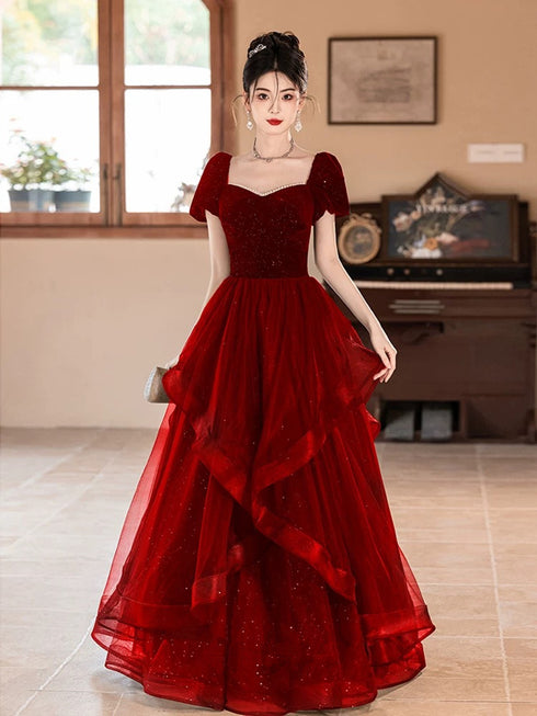 A-line Wine Red Short Sleeves Sweetheart Prom Dress, Wine Red Velvet Party Dress