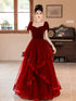 A-line Wine Red Short Sleeves Sweetheart Prom Dress, Wine Red Velvet Party Dress