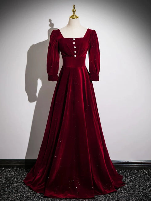 Wine Red Long Sleeves A-line Floor Length Prom Dress, Wine Red Velvet Party Dress