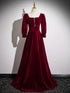 Wine Red Long Sleeves A-line Floor Length Prom Dress, Wine Red Velvet Party Dress