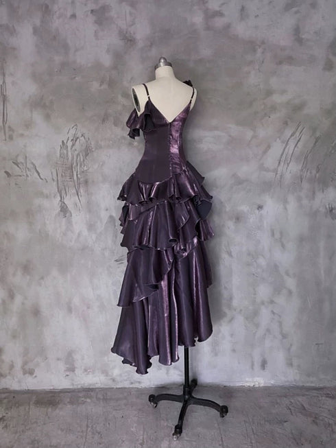 Purple Satin High Low Stylish Long Formal Dress, Purple Prom Dress Evening Dress