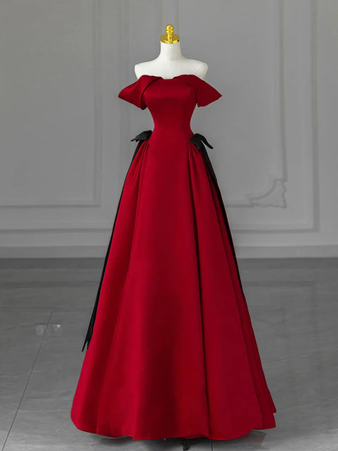 Wine Red Satin Off Shoulder Floor Length Party Dress, A-line Wine Red Prom Dress