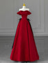 Wine Red Satin Off Shoulder Floor Length Party Dress, A-line Wine Red Prom Dress