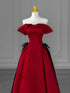 Wine Red Satin Off Shoulder Floor Length Party Dress, A-line Wine Red Prom Dress