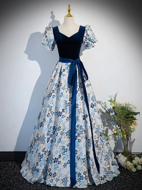 Blue Floral Satin Short Sleeves Long Formal Dress, Blue Satin A-line Party Dress