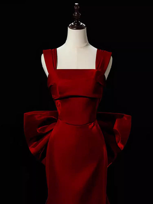 Wine Red Satin Straps Mermaid Long Formal Dress, Wine Red Prom Dress Evening Dress