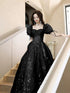 Black A-line Short Sleeves Sweetheart Tulle Party Dress, Black Floor Length Prom Dress