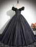 Black Shiny Tulle Off Shoulder Floor Length Party Dress, Black Long Prom Dress