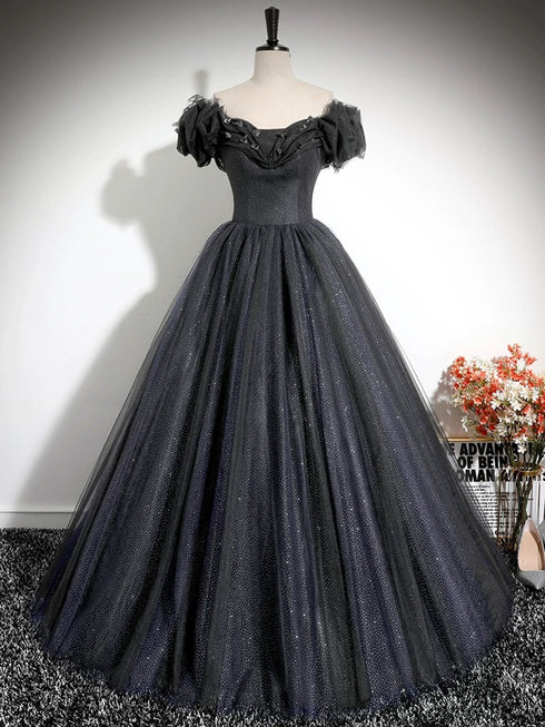 Black Shiny Tulle Off Shoulder Floor Length Party Dress, Black Long Prom Dress