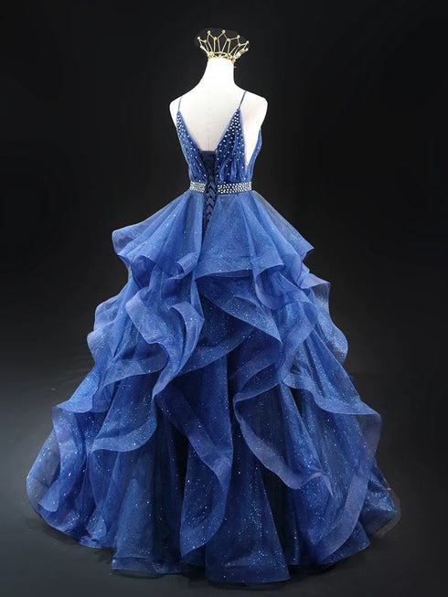 Shiny Tulle Blue Layers V-neckline Party Dress, Blue Beaded Long Prom Dress