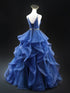 Shiny Tulle Blue Layers V-neckline Party Dress, Blue Beaded Long Prom Dress