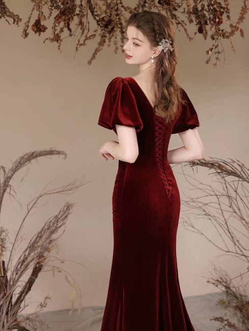 Wine Red Mermaid Short Sleeves Long Formal Dress, Wine Red Velvet Party Dress