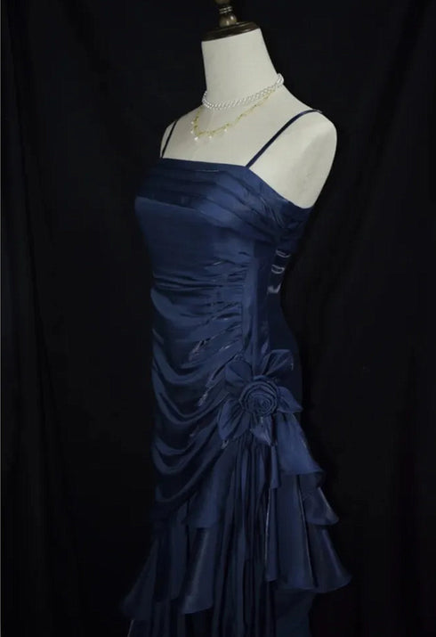 Navy Blue Straps High Low Satin Chic Party Dress, Navy Blue Prom Dress Evening Dress