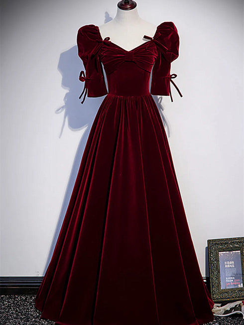 Wine Red Velvet A-line Short Sleeves Wedding Party Dress, Wine Red Prom Dress