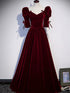 Wine Red Velvet A-line Short Sleeves Wedding Party Dress, Wine Red Prom Dress