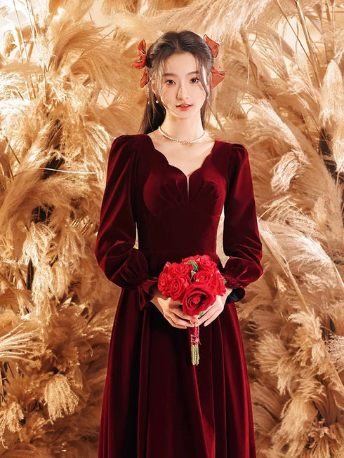 Wine Red Velvet Long Sleeves V-neckline Party Dress, Wine Red Velvet Prom Dress