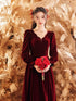 Wine Red Velvet Long Sleeves V-neckline Party Dress, Wine Red Velvet Prom Dress