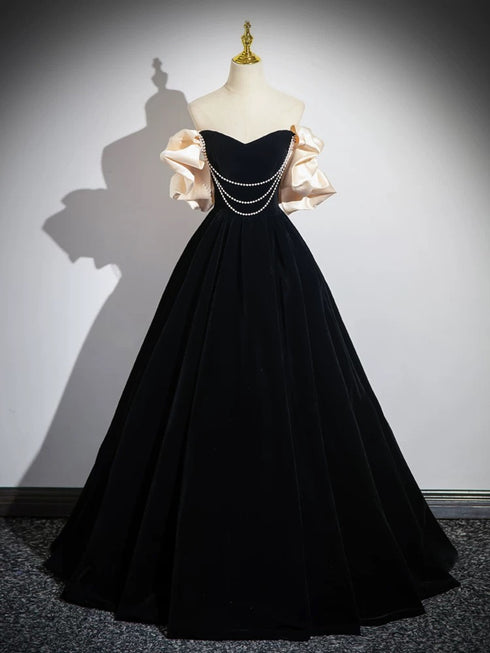 A-line Black Velvet Pearls Off Shoulder Party Dress, Black Velvet Prom Dress