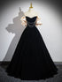 A-line Black Velvet Pearls Off Shoulder Party Dress, Black Velvet Prom Dress