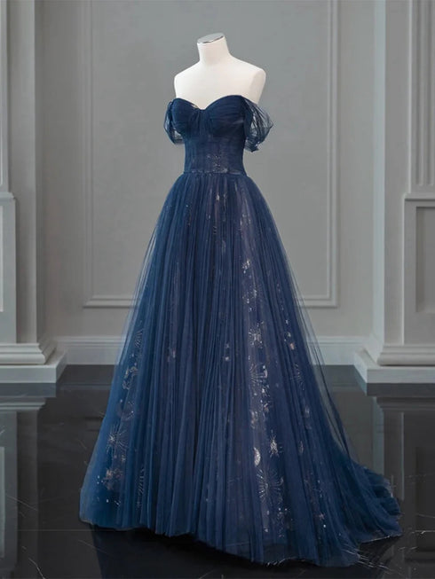 A-line Navy Blue Sweetheart Tulle Long Party Dress, Navy Blue Prom Dress
