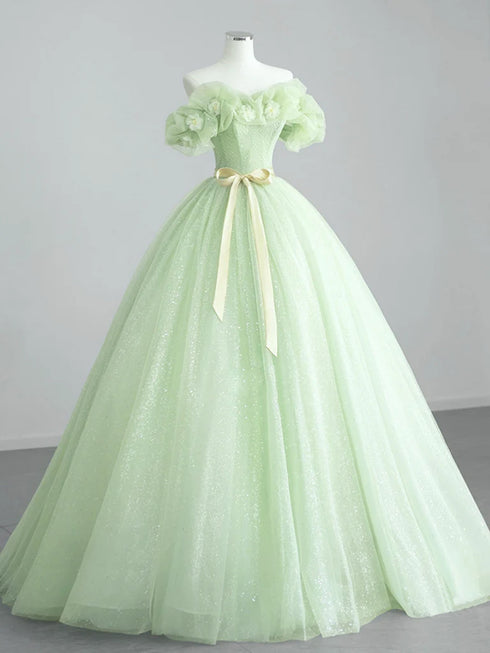 Light Green Tulle with Flowers A-line Party Dress, Light Green Tulle Prom Dress