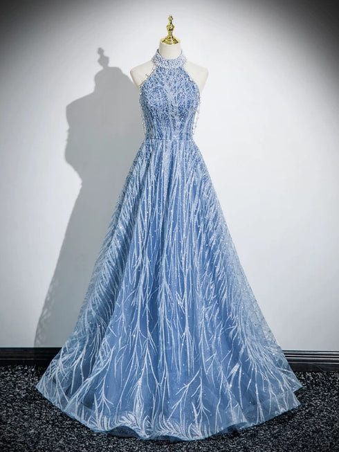 A-line Tulle Beaded Halter Long Open Back Prom Dress, Blue Party Dress