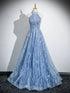 A-line Tulle Beaded Halter Long Open Back Prom Dress, Blue Party Dress