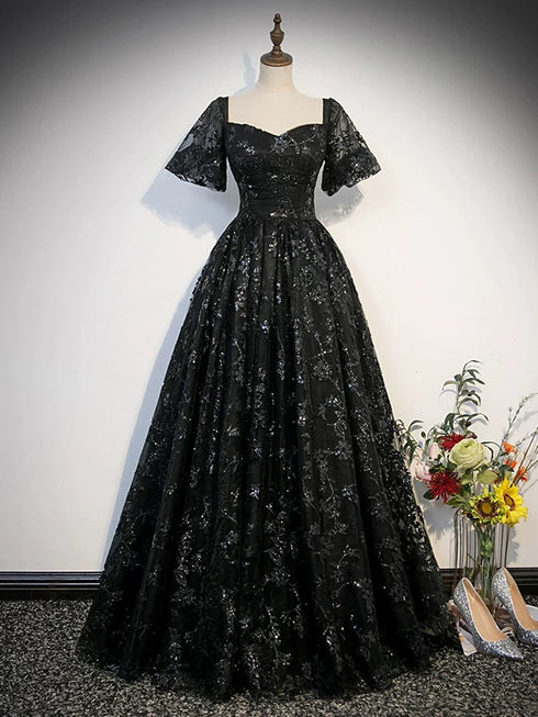 Black Lace  Short Sleeves Long Evening Dress, Black Sweetheart Prom Dress Party Dress