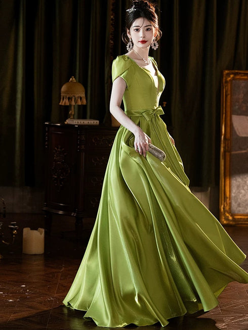 A-line Green Satin Simple Short Sleeves Party Dress, Green Satin Prom Dress