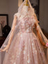 A-line Pink Tulle with Lace Floor Length Party Dress, Pink Lace Prom Dress with Cape
