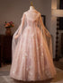 A-line Pink Tulle with Lace Floor Length Party Dress, Pink Lace Prom Dress with Cape