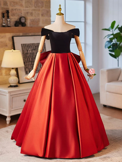 Red and Black Off Shoulder Satin Prom Dress, A-line Party Dress with Bow