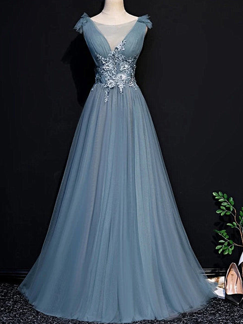 A-line Blue Tulle with Lace Applique Floor Length Party Dress, Blue Tulle Long Prom Dress